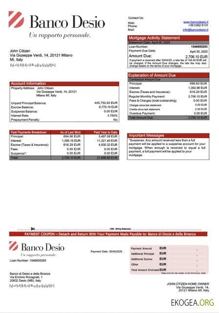 Italie Banco di Desio e della Brianza relevé hypothécaire Modèle Word et PDF